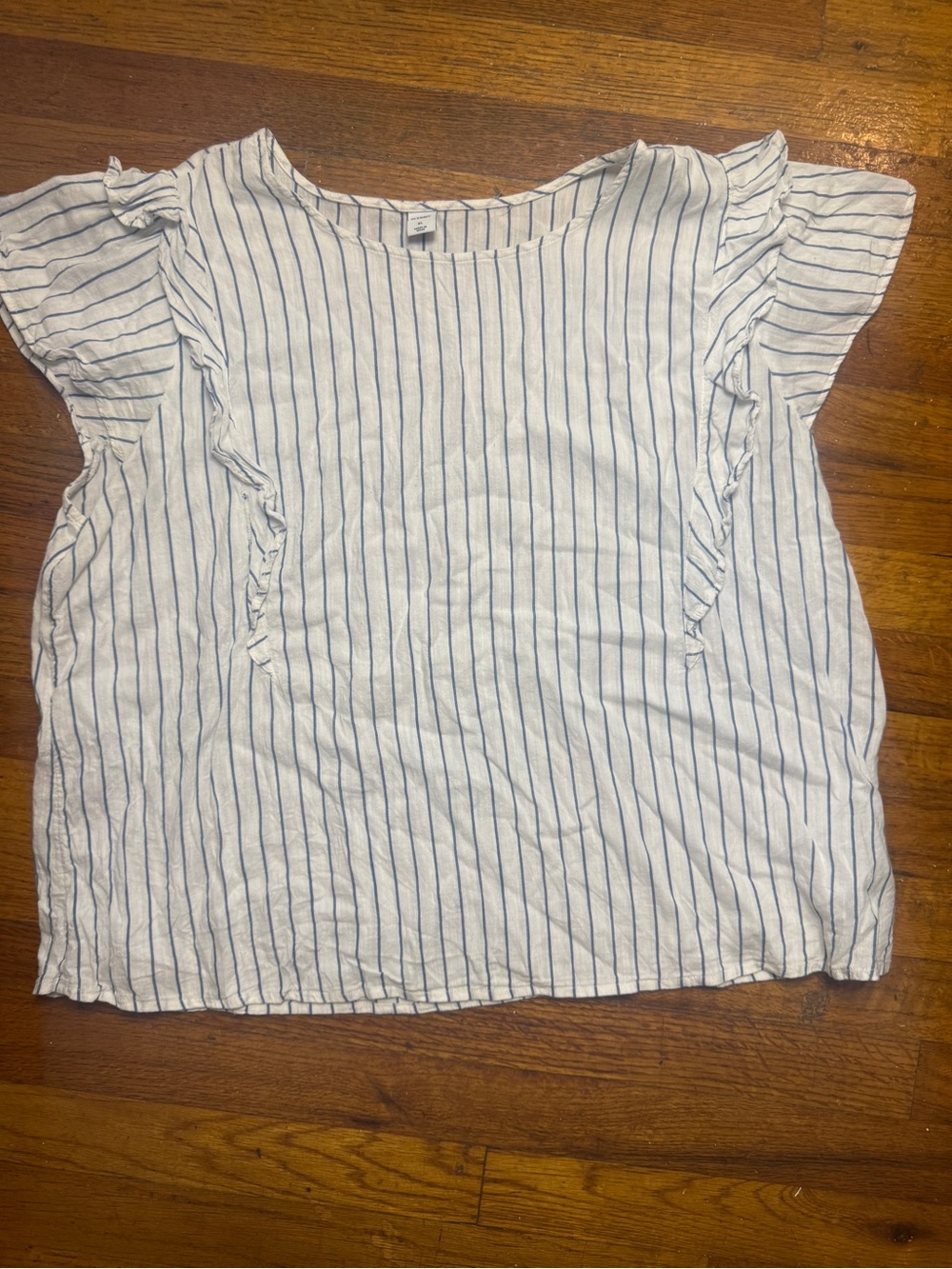 Old Navy White Top with Blue Pinstripes and Ruffle Sleeves